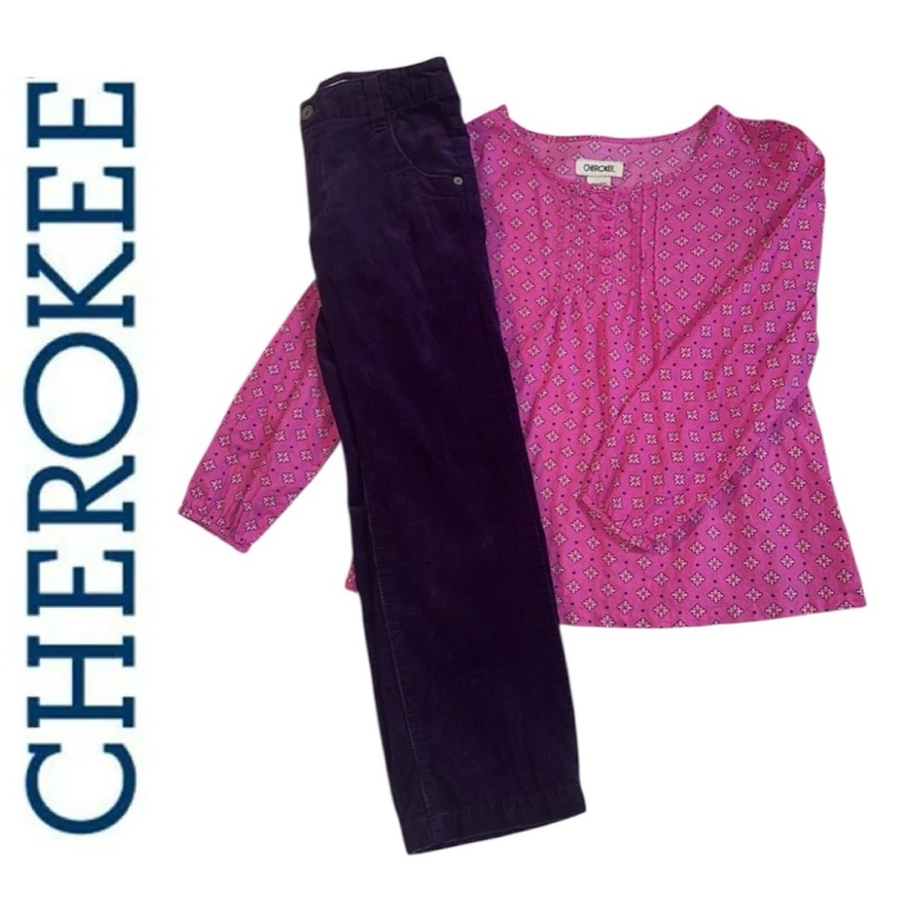2-pc CHEROKEE Set Pink Swing Long Sleeve Top Purple Corduroy Pants Girl M 7/8